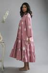 Shop_KHAT_Pink Twill Cotton Printed Polka Pattern V Neck Collar Tiered Dress _Online_at_Aza_Fashions