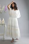 Shop_KHAT_White Mulmul Cotton Striped Pattern V Neck And Tiered Kaftan  _Online_at_Aza_Fashions