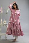 KHAT_Pink Poplin Cotton Polka Pattern V Neck Collar Tiered Kurta And Pant Set  _Online_at_Aza_Fashions