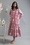 Shop_KHAT_Pink Poplin Cotton Polka Pattern V Neck Collar Tiered Kurta And Pant Set  _Online_at_Aza_Fashions