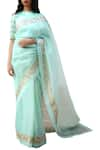 Buy_Ranian_Green Organza Silk Embroidered Sequin And Zari Work Boat Neck Saree With Blouse _at_Aza_Fashions