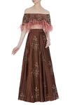 Buy_Pleats By Kaksha And Dimple_Brown Chanderi Embroidered Cut Dana Off Shoulder Feather Hand Work Lehenga Set_at_Aza_Fashions