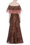 Shop_Pleats By Kaksha And Dimple_Brown Chanderi Embroidered Cut Dana Off Shoulder Feather Hand Work Lehenga Set_at_Aza_Fashions