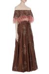 Pleats By Kaksha And Dimple_Brown Chanderi Embroidered Cut Dana Off Shoulder Feather Hand Work Lehenga Set_Online_at_Aza_Fashions