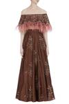 Shop_Pleats By Kaksha And Dimple_Brown Chanderi Embroidered Cut Dana Off Shoulder Feather Hand Work Lehenga Set_Online_at_Aza_Fashions