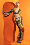 Nautanky_Beige Natural Crepe Printed Abstract Geometric V Bustier And Pant Set _at_Aza_Fashions