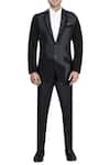 Buy_Nivedita Saboo_Black Suiting Fabric Leather Notch Wth Quilted Jacket Trouser Set  _at_Aza_Fashions