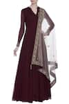 Buy_Mahima Batra_Maroon Band Collar Embroidered Anarkali And Skirt Set  _at_Aza_Fashions