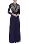 Buy_Huemn_Blue Silk Embroidered Beads Notched Round Embellished Flared Gown  _at_Aza_Fashions
