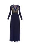 Buy_Huemn_Blue Silk Embroidered Beads Notched Round Embellished Flared Gown  _Online_at_Aza_Fashions