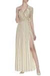 Buy_Huemn_White Silk Embroidered Beads Notched Round Embellished Wrap Gown  _at_Aza_Fashions