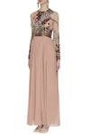 Huemn_Pink Silk Embroidered Beads Notched Round Hand Floral Sequins Gown  _Online_at_Aza_Fashions