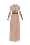 Shop_Huemn_Pink Silk Embroidered Beads Notched Round Hand Floral Sequins Gown  _Online_at_Aza_Fashions