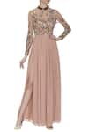 Buy_Huemn_Pink Silk Embroidered Beads Notched Net Bodice And Pleated Skirt Gown  _at_Aza_Fashions
