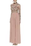 Huemn_Pink Silk Embroidered Beads Notched Net Bodice And Pleated Skirt Gown  _Online_at_Aza_Fashions
