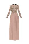 Buy_Huemn_Pink Silk Embroidered Beads Notched Net Bodice And Pleated Skirt Gown  _Online_at_Aza_Fashions