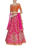 Buy_Vandana Sethi_Orange Raw Silk Print Beads Round Zari Embroidered Lehenga Set _at_Aza_Fashions