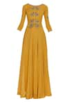 Buy_Desert Shine by Sulochana Jangir_Yellow Denim Linen Embroidered Beads Square Neck Sequin Maxi Dress  _Online_at_Aza_Fashions