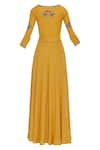 Shop_Desert Shine by Sulochana Jangir_Yellow Denim Linen Embroidered Beads Square Neck Sequin Maxi Dress  _Online_at_Aza_Fashions