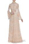 Buy_Ohaila Khan_Peach Chevron Woven Crepe Embroidered Beads Square Neck Zigzag Anarkali Gown_at_Aza_Fashions