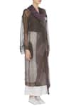 Urvashi Kaur_Brown Kota Doria Embroidery Shawl Neck Shibori Dyed Sheer Jacket _Online_at_Aza_Fashions