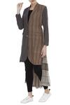 Buy_Urvashi Kaur_Gray Cotton, Kota Doria Shawl Neck Two-tone Striped High-low Blazer _at_Aza_Fashions