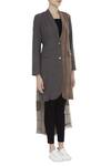Urvashi Kaur_Gray Cotton, Kota Doria Shawl Neck Two-tone Striped High-low Blazer _Online_at_Aza_Fashions