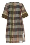 Shop_Urvashi Kaur_Beige Linen Embroidered Beads Round Checkered Dress _Online_at_Aza_Fashions