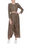 Buy_Urvashi Kaur_Brown Cotton Embellished Beads Round Cowl Draped Striped Pants  _at_Aza_Fashions