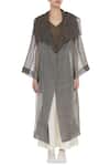 Shop_Urvashi Kaur_Grey Kota Silk Embellished Beads Round Oversized Jacket _Online_at_Aza_Fashions