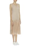 Urvashi Kaur_Beige V-neck Embellished Pleated Drop Waist Midi Dress _Online_at_Aza_Fashions