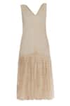 Buy_Urvashi Kaur_Beige V-neck Embellished Pleated Drop Waist Midi Dress _Online_at_Aza_Fashions