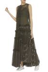 Buy_Urvashi Kaur_Olive Green Kota Doria Embroidery Round Neck Oversized Tiered Gown With Inner _at_Aza_Fashions