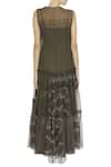 Shop_Urvashi Kaur_Olive Green Kota Doria Embroidery Round Neck Oversized Tiered Gown With Inner _at_Aza_Fashions