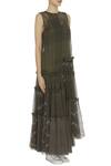 Urvashi Kaur_Olive Green Kota Doria Embroidery Round Neck Oversized Tiered Gown With Inner _Online_at_Aza_Fashions