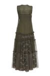 Shop_Urvashi Kaur_Olive Green Kota Doria Embroidery Round Neck Oversized Tiered Gown With Inner _Online_at_Aza_Fashions