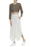 Buy_Urvashi Kaur_White Crinkle Cotton Embroidered Beads Round Draped Cropped Pants  _at_Aza_Fashions