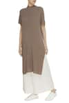 Buy_Urvashi Kaur_Brown Crinkle Cotton Embroidered Beads Round High Neck Tunic  _at_Aza_Fashions