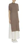 Urvashi Kaur_Brown Crinkle Cotton Embroidered Beads Round High Neck Tunic  _Online_at_Aza_Fashions