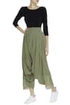 Buy_Urvashi Kaur_Green Cotton Embroidered Beads Mandarin Pleated Draped Pants  _at_Aza_Fashions