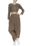 Buy_Urvashi Kaur_Brown Cotton Embroidered Beads Mandarin Pleated Crinkled Pants  _at_Aza_Fashions