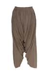 Shop_Urvashi Kaur_Brown Cotton Embroidered Beads Mandarin Pleated Crinkled Pants  _at_Aza_Fashions