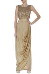 Buy_Archana Rao_Gold Satin Cutdana, Beads Mandarin Fusion Style Dhoti Skirt _at_Aza_Fashions