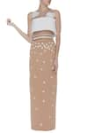 Buy_Archana Rao_Beige Neoprene Print Beads Notched Floral Applique Maxi Skirt  _at_Aza_Fashions