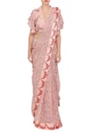 Nikasha_Pink Chiffon V Neck Hand Painted Saree With Blouse _Online_at_Aza_Fashions