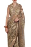 Nikasha_Brown V Neck Organza Foil Print Saree With Blouse _Online_at_Aza_Fashions