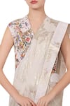 Nikasha_White V Neck Foil Print Saree With Blouse _Online_at_Aza_Fashions