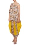 Nikasha_Yellow Crepe Silk Asymmetric Printed One Shoulder Tunic And Dhoti Pant Set _Online_at_Aza_Fashions