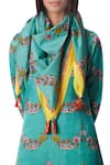 Buy_Swati Vijaivargie_Blue Embroidery, Tassels Cotton Silk Printed Scarf _at_Aza_Fashions