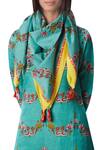 Shop_Swati Vijaivargie_Blue Embroidery, Tassels Cotton Silk Printed Scarf _at_Aza_Fashions